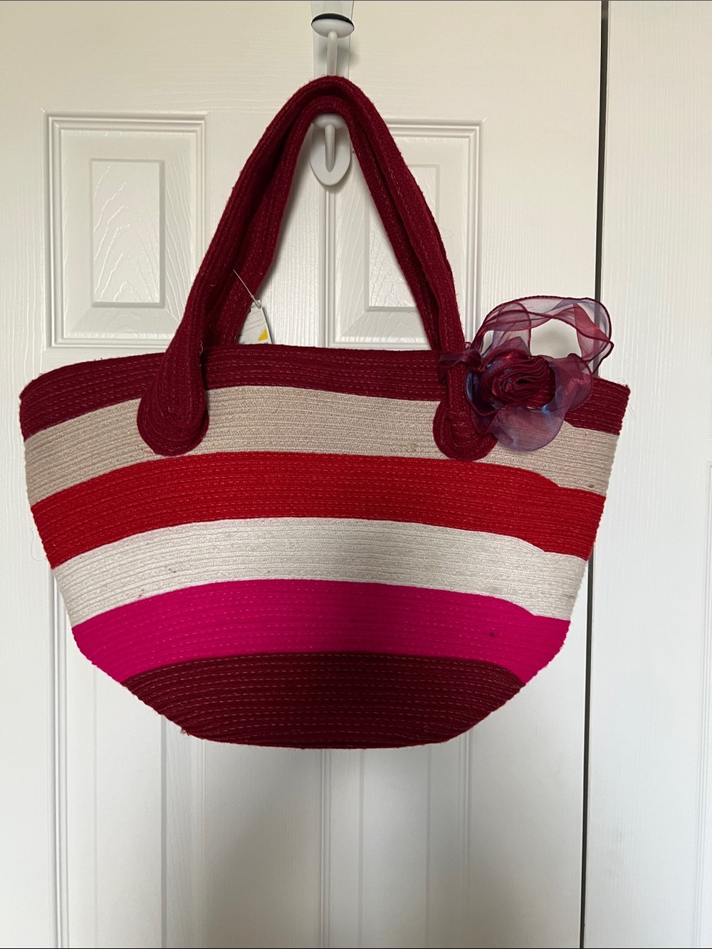 Striped Red & Pink Straw Tote Bag with Flower Accent